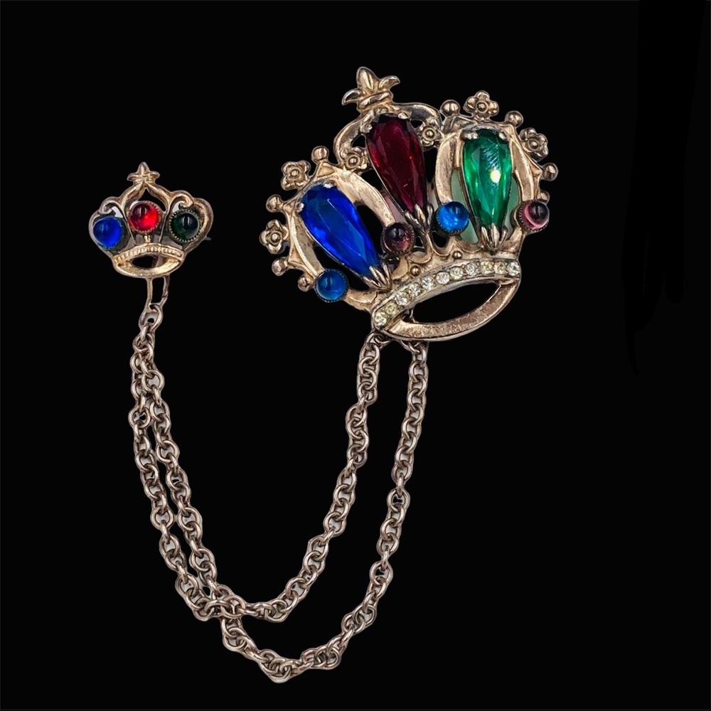 Sterling Silver 1940’s Double Crown Chatelaine Brooch